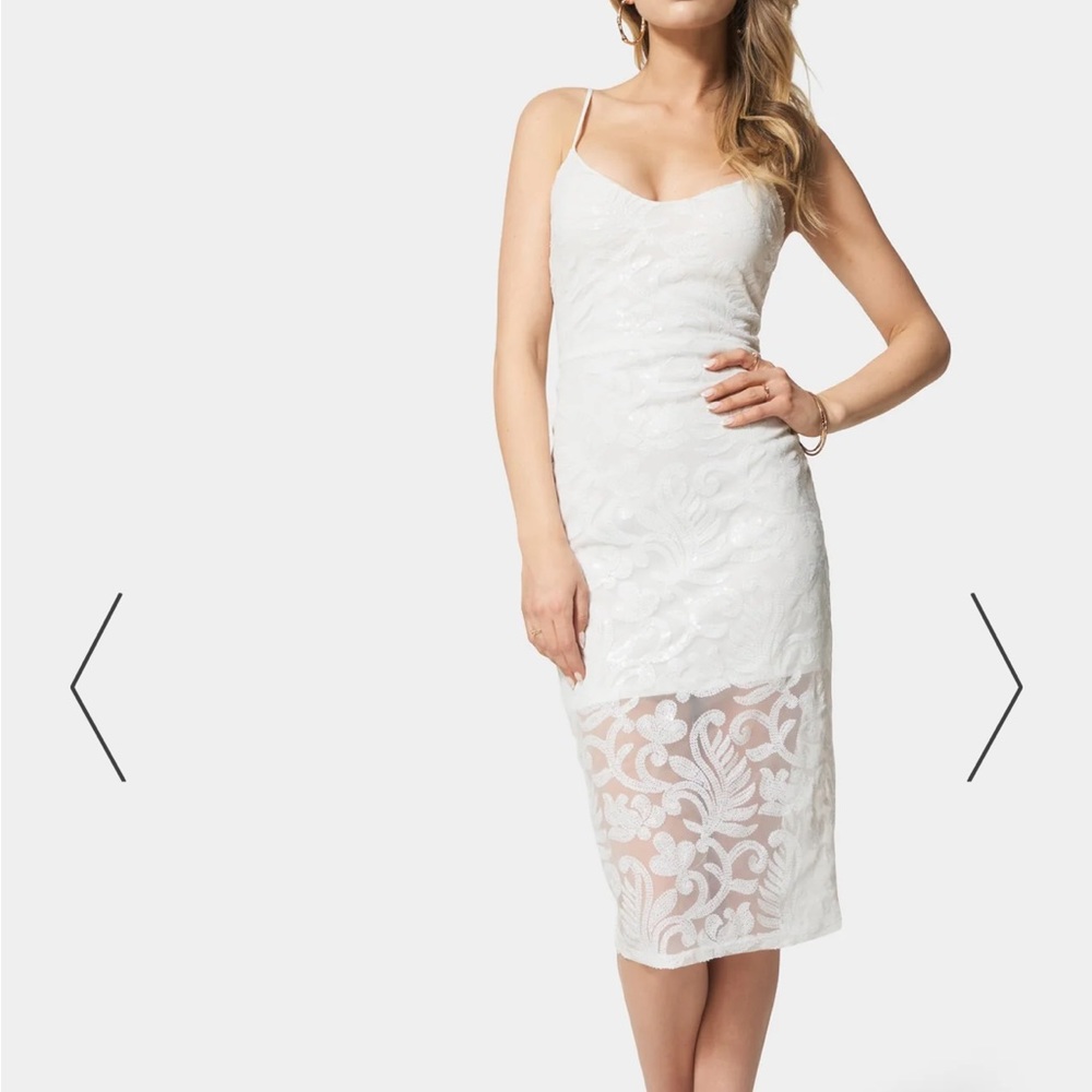 Bebe shine and shimmer white midi dress
